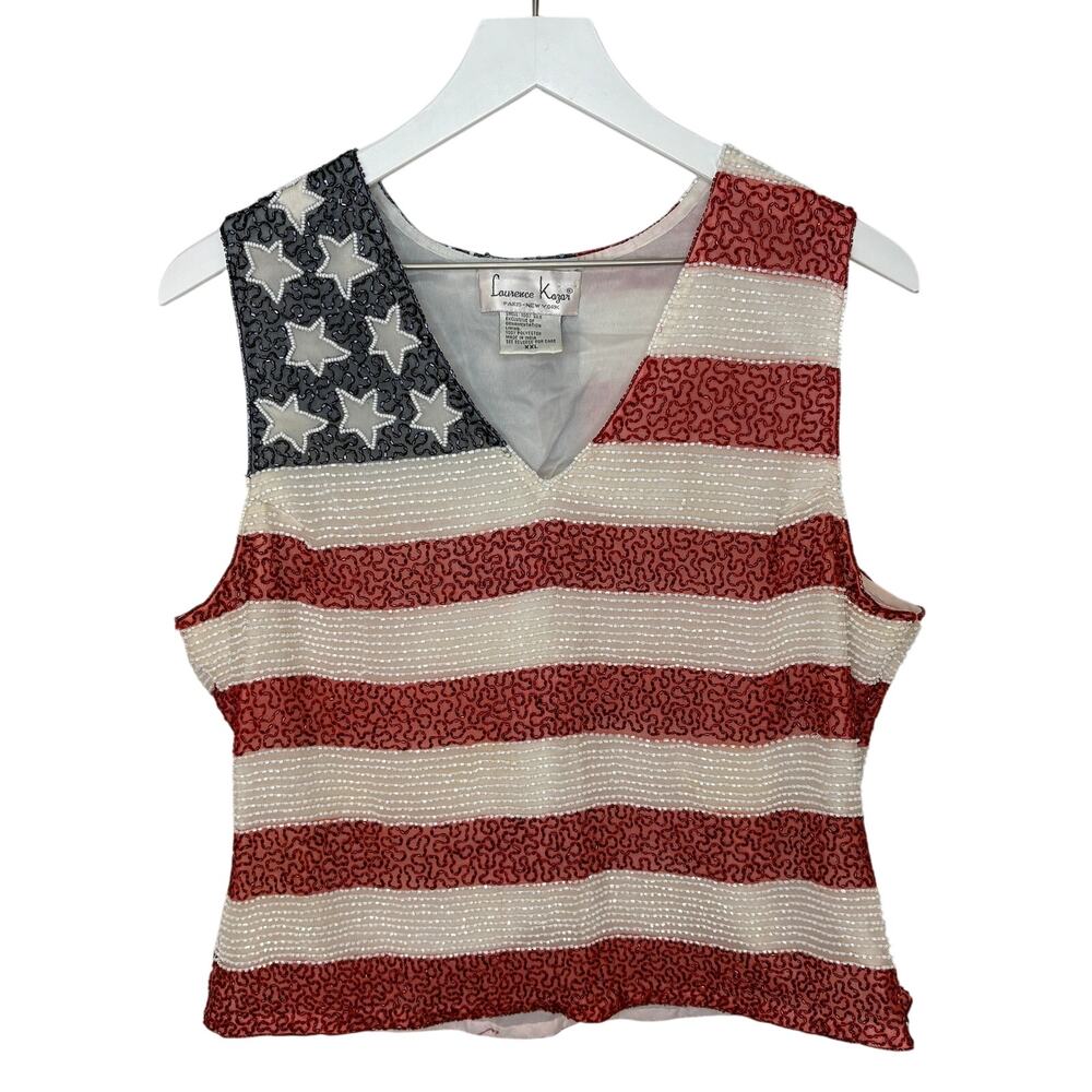 Laurence Kazar Silk Beaded American Flag Stars and Stripes Tank - Women's XXL